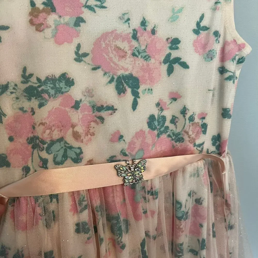 Disney Cinderella Line Girls Floral Dress w Sparkle Size 12 Peach Pink Butterfly
